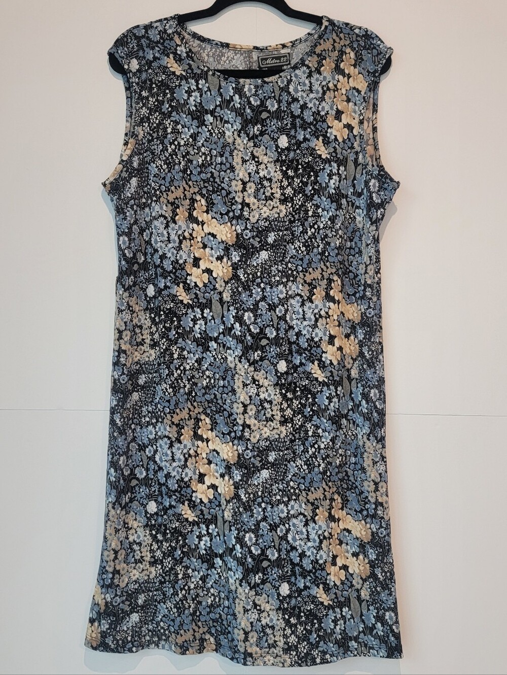 Metro 22 Floral Sleeveless Shift Dress Size L Blue Black Belt Loops